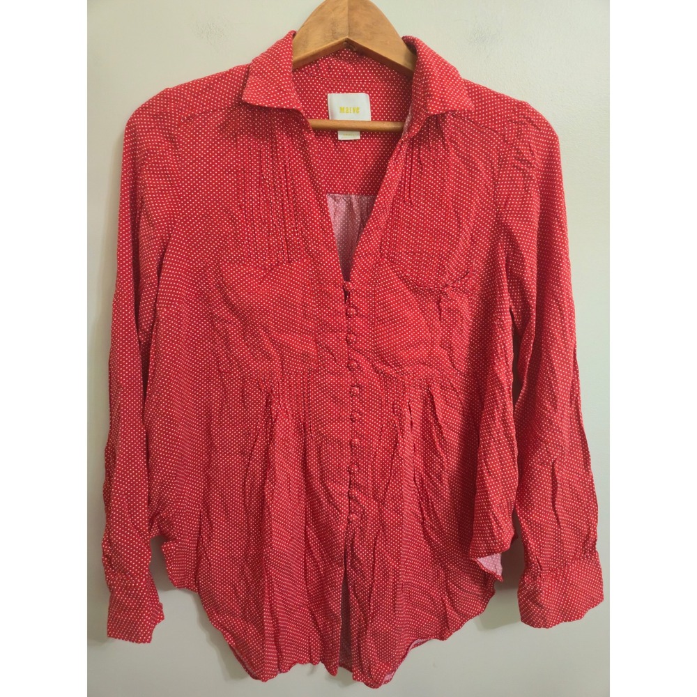 Maeve Anthropologie Red Polka Dot Pintuck Pleated Button Front Blouse Small - Picture 2 of 7